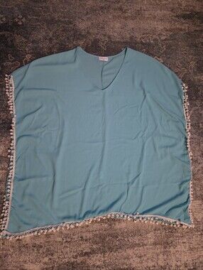 Adreamly Turquoise Pom Pom Kaftan Swimsuit Cover Up - Size L/XL